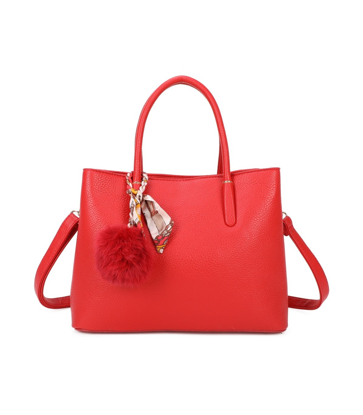 T11765 - Bolso de mano con pompón y pañuelo del mismo color