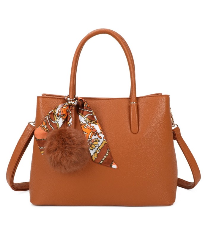 T11765 - Bolso de mano con pompón y pañuelo del mismo color