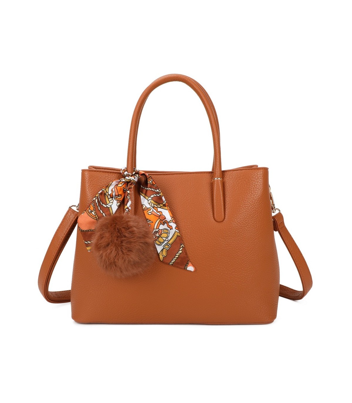 T11765 - Bolso de mano con pompón y pañuelo del mismo color