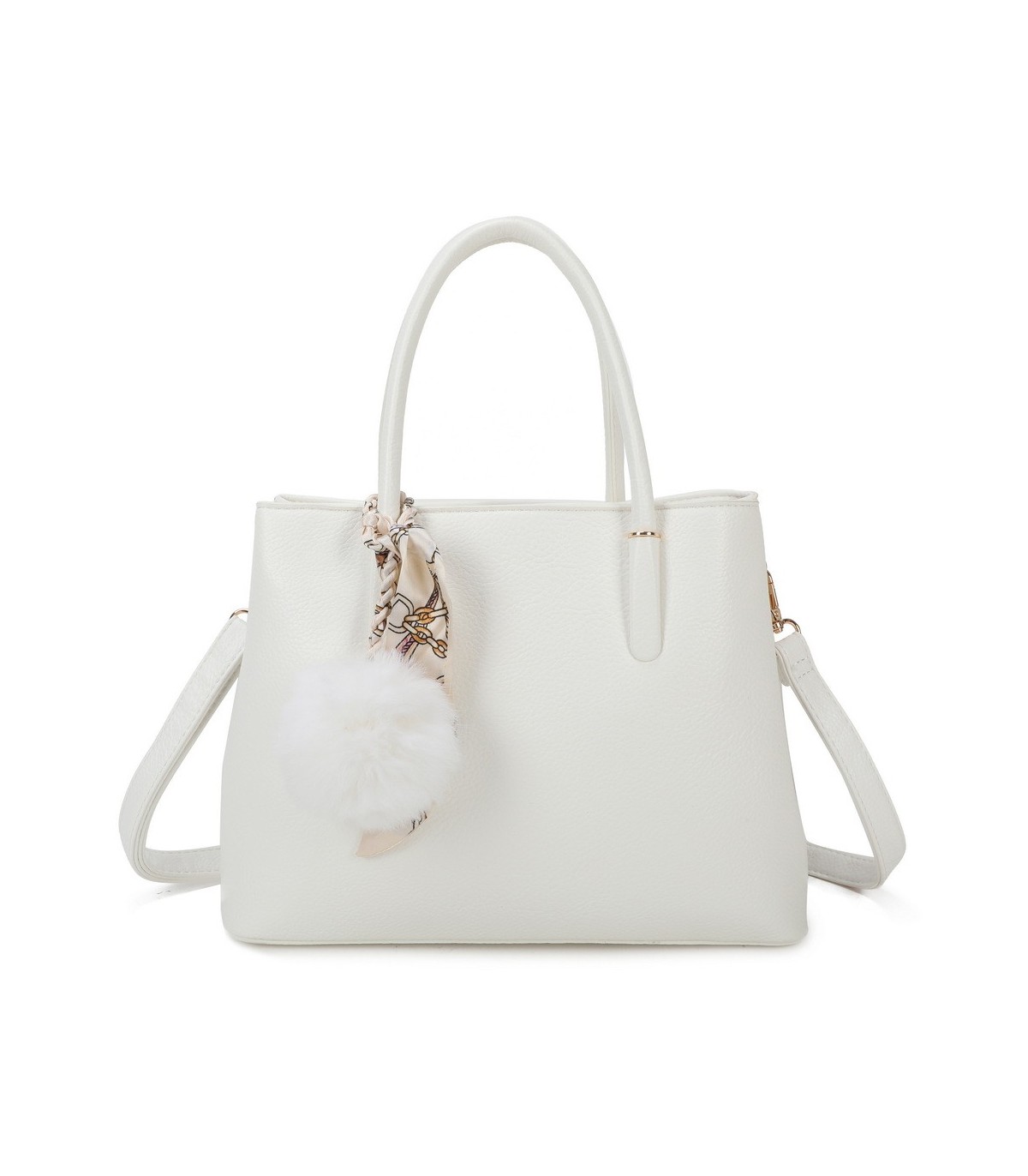 T11765 - Bolso de mano con pompón y pañuelo del mismo color
