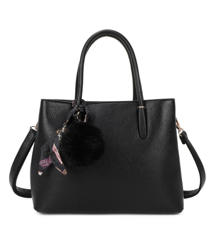 T11765 - Bolso de mano con pompón y pañuelo del mismo color