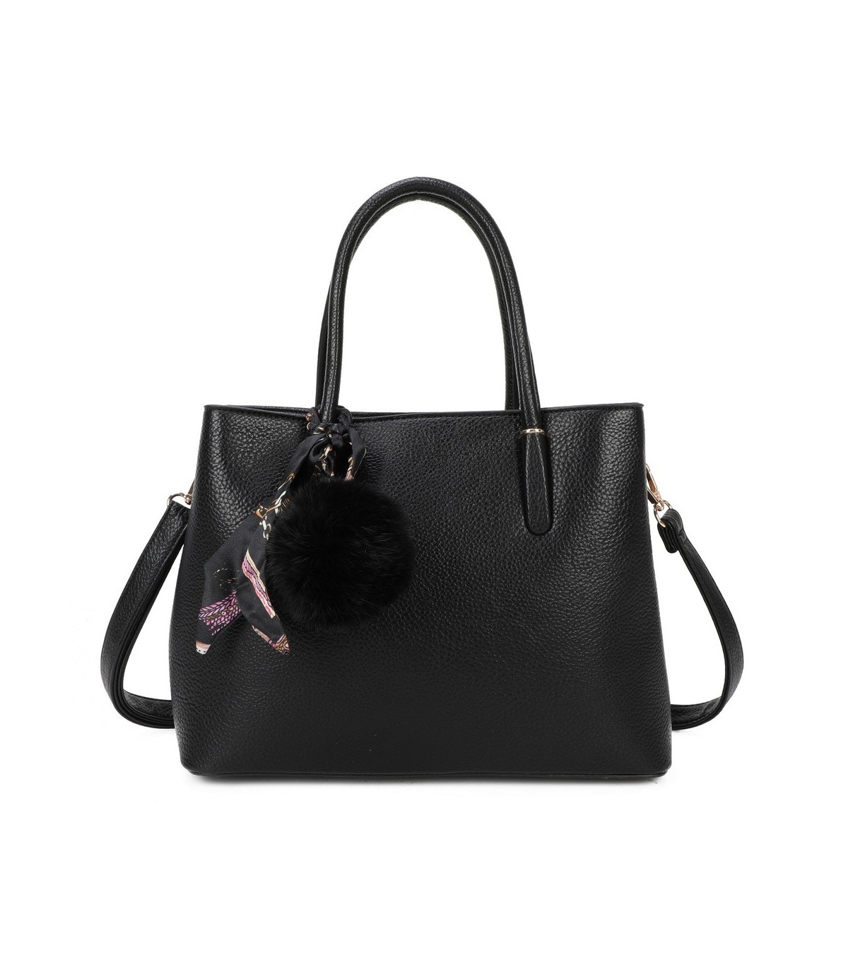 T11765 - Bolso de mano con pompón y pañuelo del mismo color