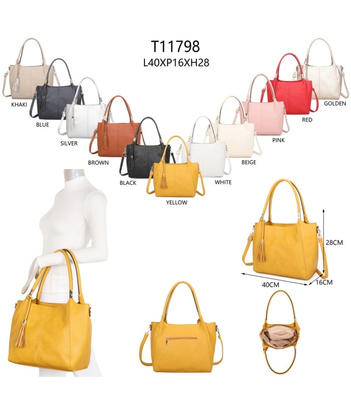 T11798 - Bolso de mano con borla del mismo color grande y con bandolera para llevarlo colgado