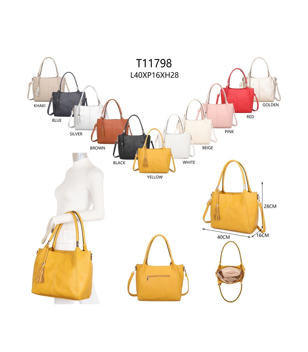 T11798 - Bolso de mano con borla del mismo color grande y con bandolera para llevarlo colgado