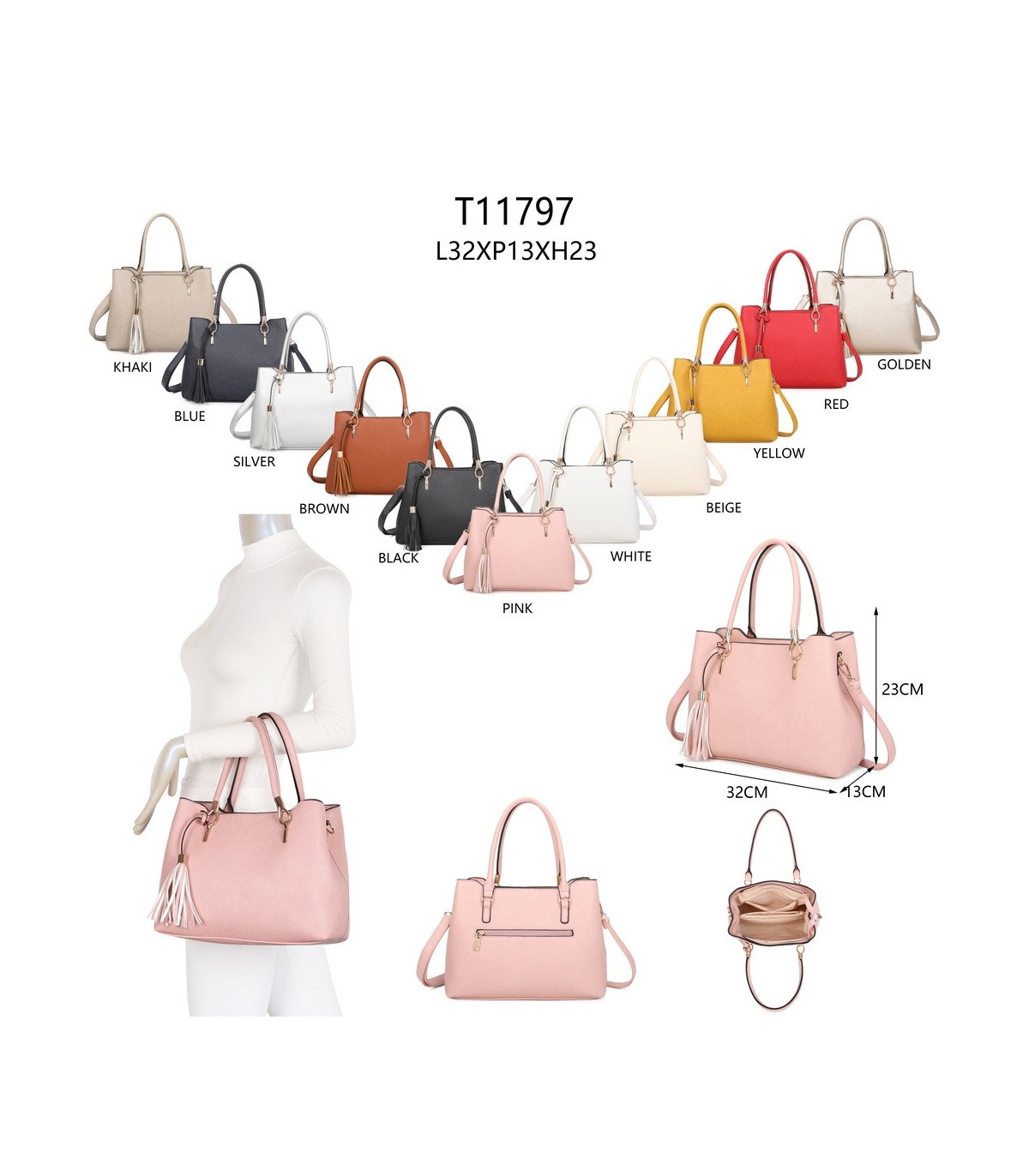 T11797 - Bolso de mano con borla bandolera ajustable y muy amplio
