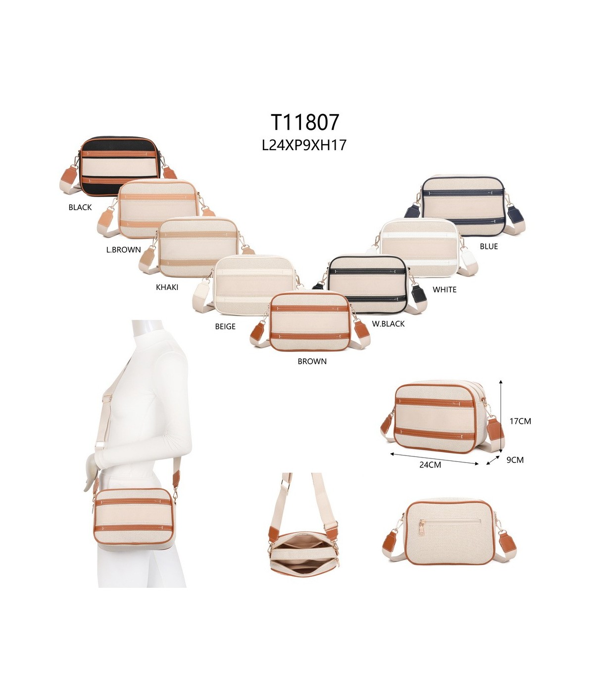 T11807 - Bolso bandolera de dos tonos con franjas horizontales