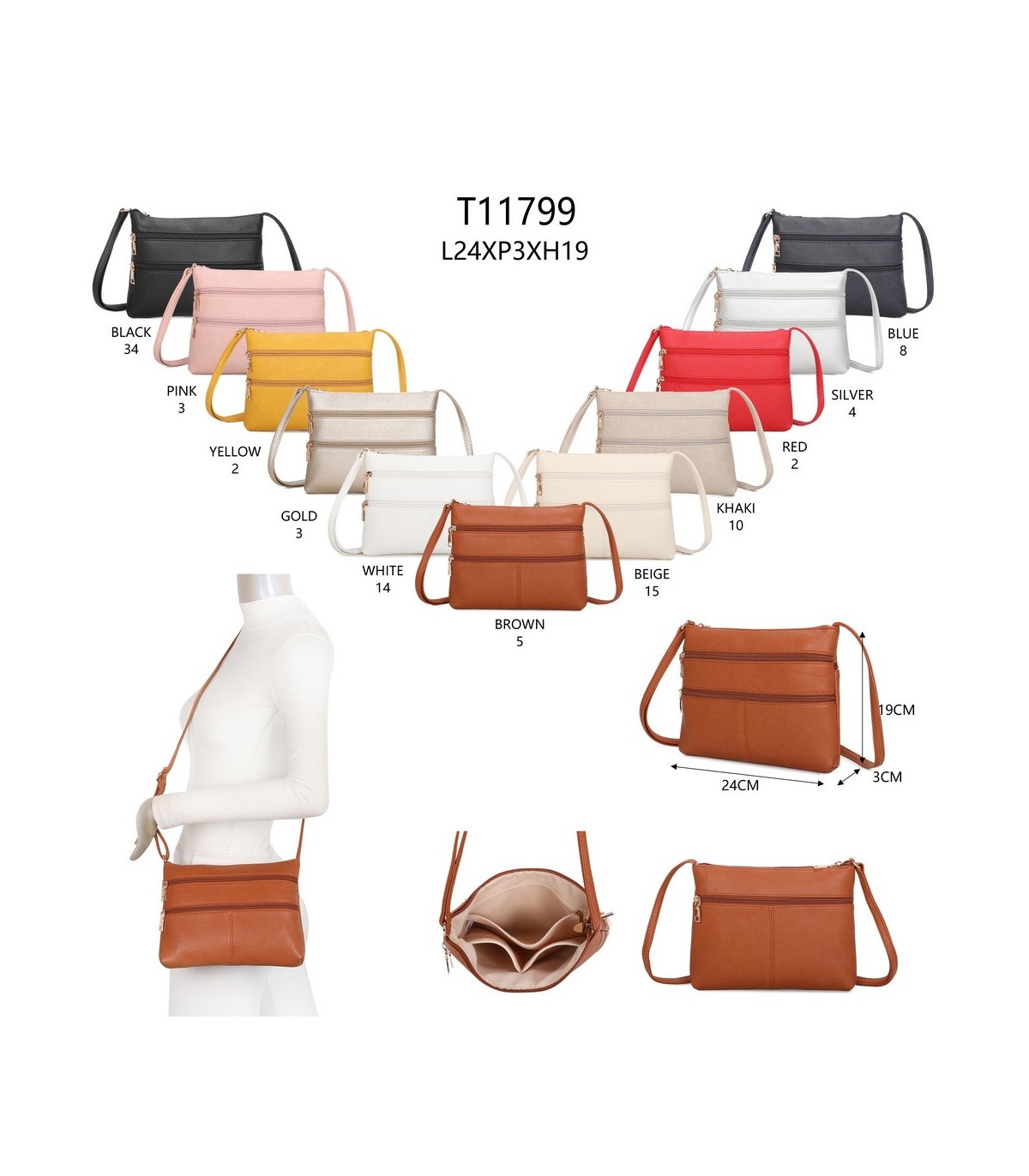 T11799 - Bolso bandolera con bolsillos frontales y trasero