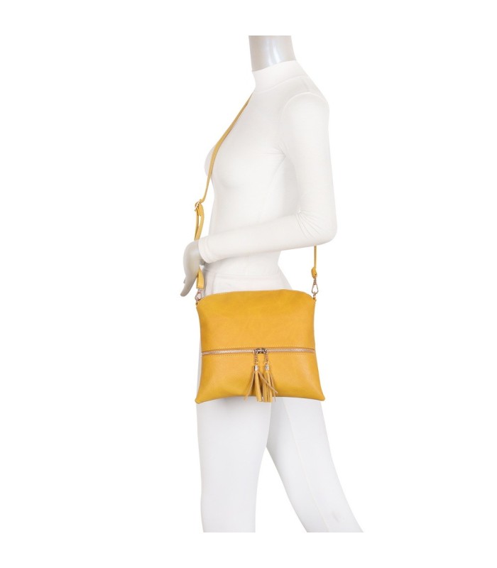 T11803 - Bolso bandolera con borlas decorativas cuadrado y con cierre de cremallera