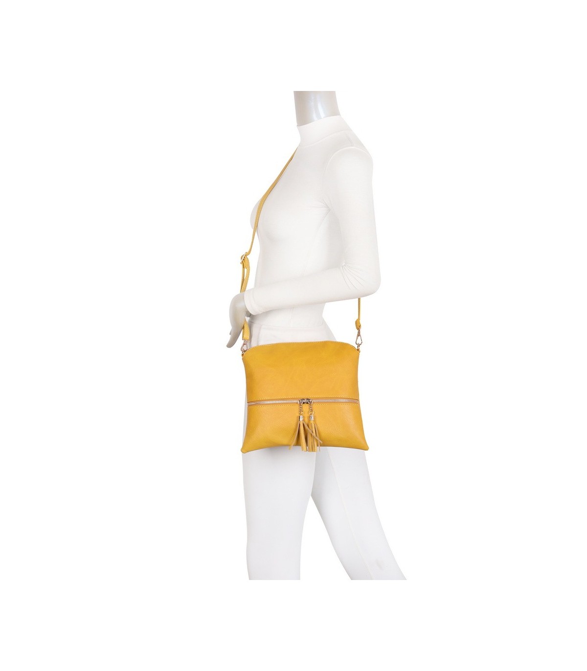 T11803 - Bolso bandolera con borlas decorativas cuadrado y con cierre de cremallera