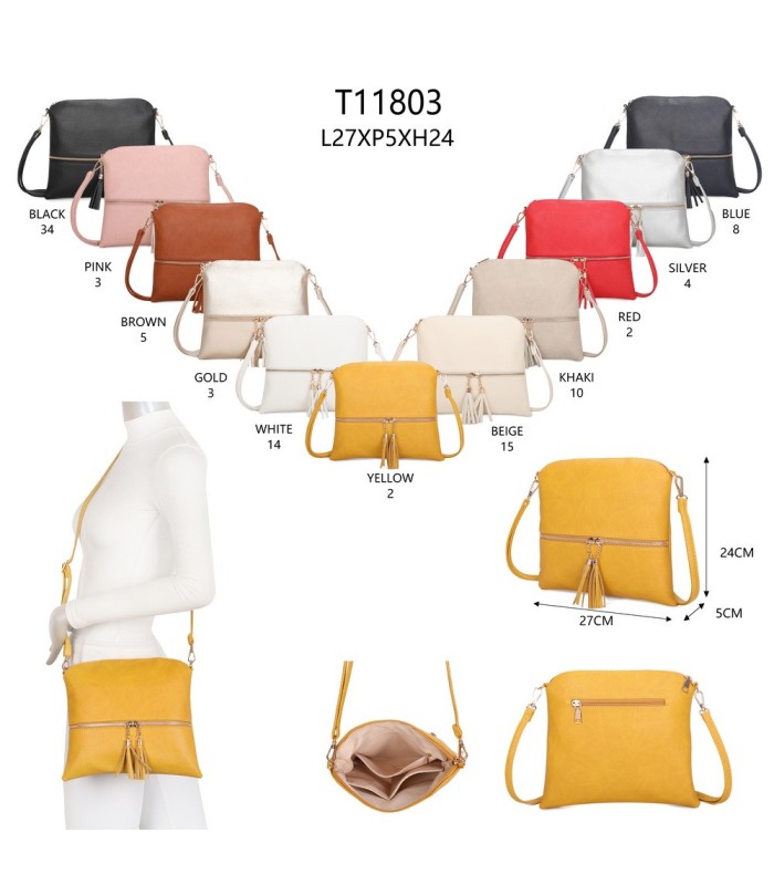 T11803 - Bolso bandolera con borlas decorativas cuadrado y con cierre de cremallera