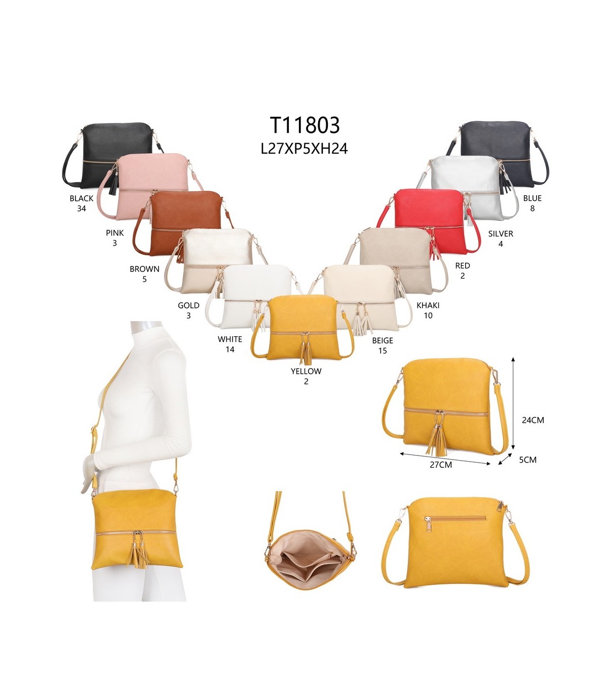 T11803 - Bolso bandolera con borlas decorativas cuadrado y con cierre de cremallera