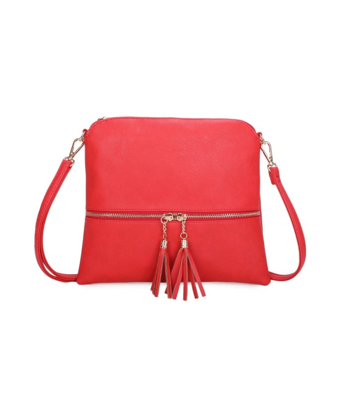 T11803 - Bolso bandolera con borlas decorativas cuadrado y con cierre de cremallera