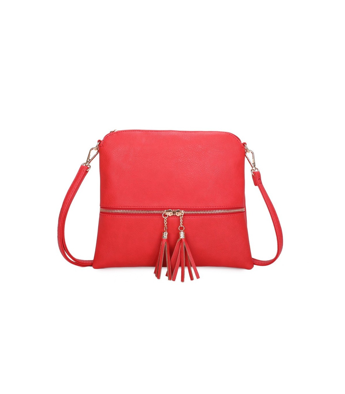 T11803 - Bolso bandolera con borlas decorativas cuadrado y con cierre de cremallera