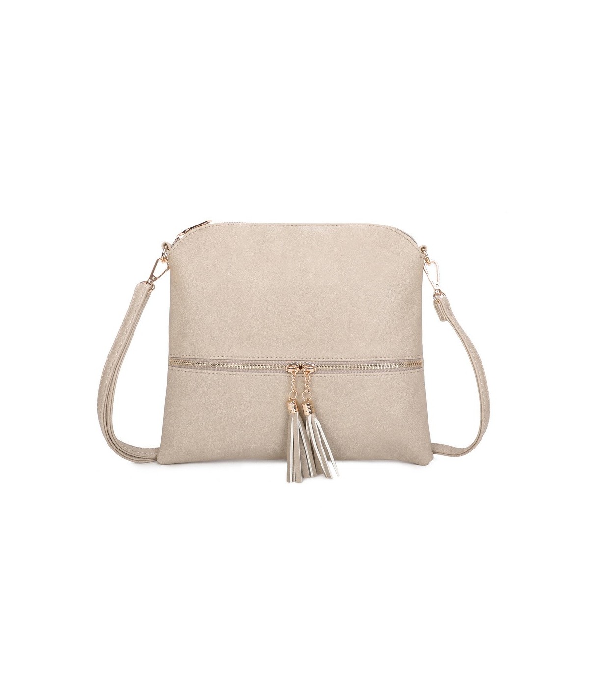 T11803 - Bolso bandolera con borlas decorativas cuadrado y con cierre de cremallera