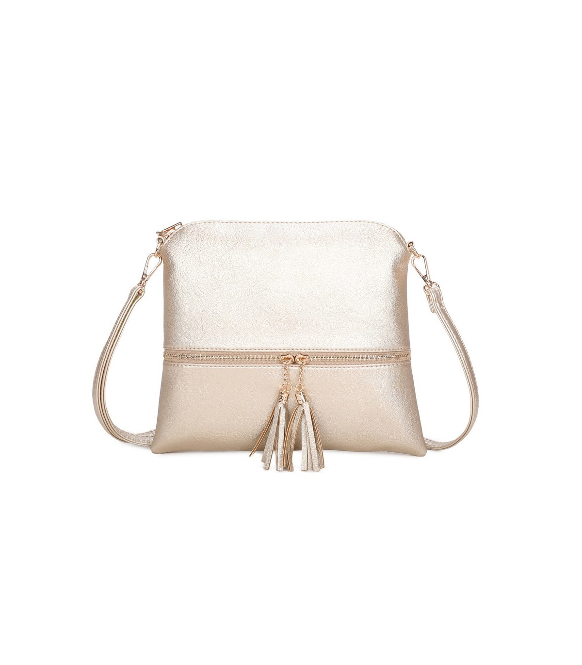 T11803 - Bolso bandolera con borlas decorativas cuadrado y con cierre de cremallera