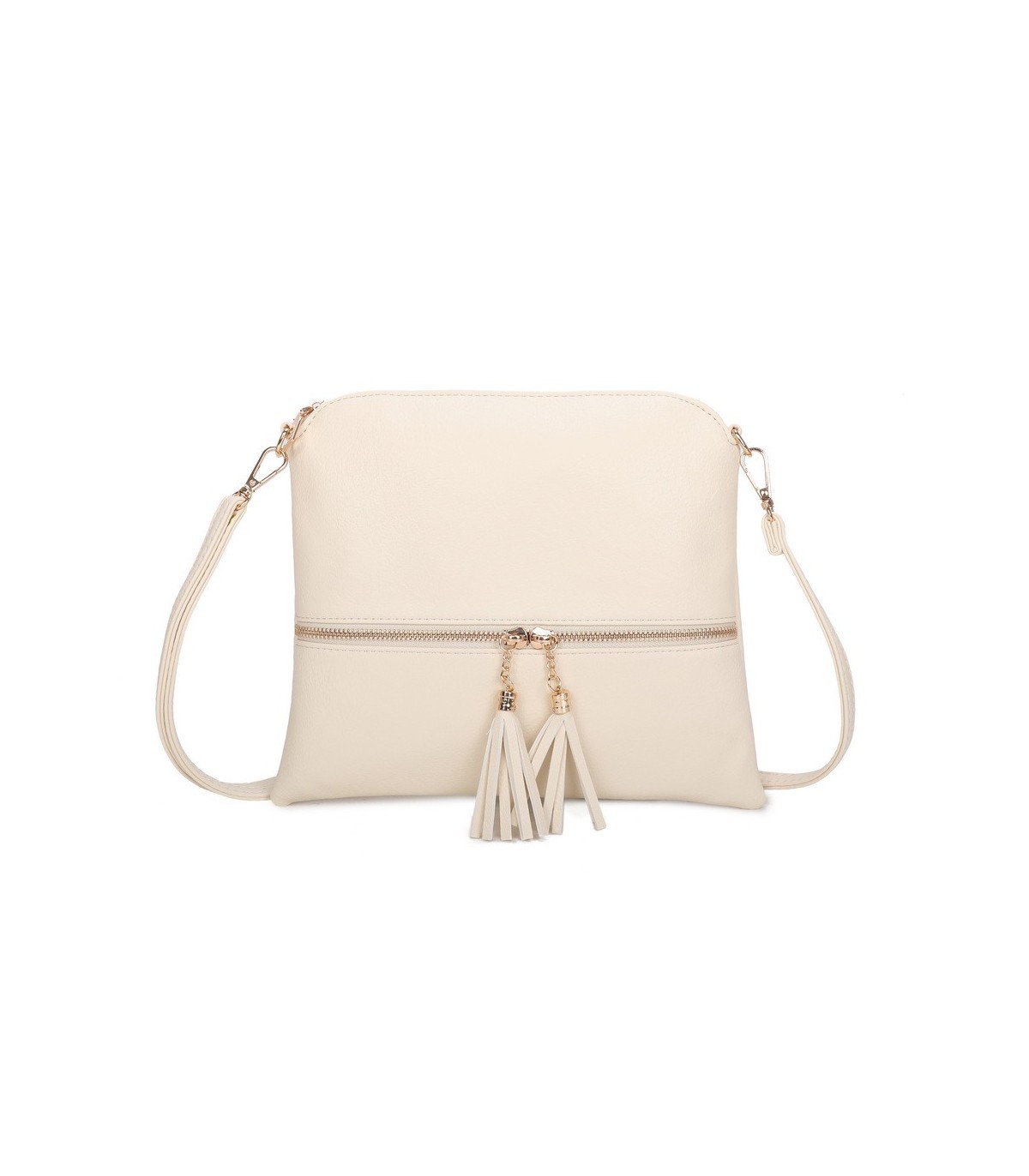 T11803 - Bolso bandolera con borlas decorativas cuadrado y con cierre de cremallera