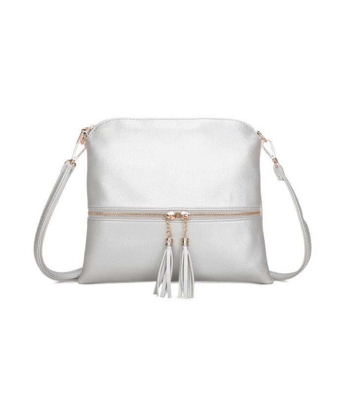 T11803 - Bolso bandolera con borlas decorativas cuadrado y con cierre de cremallera