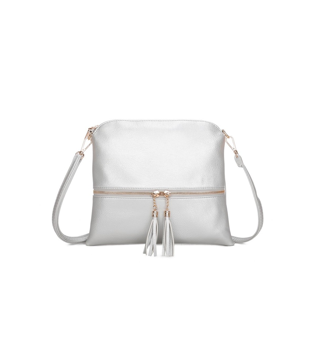 T11803 - Bolso bandolera con borlas decorativas cuadrado y con cierre de cremallera
