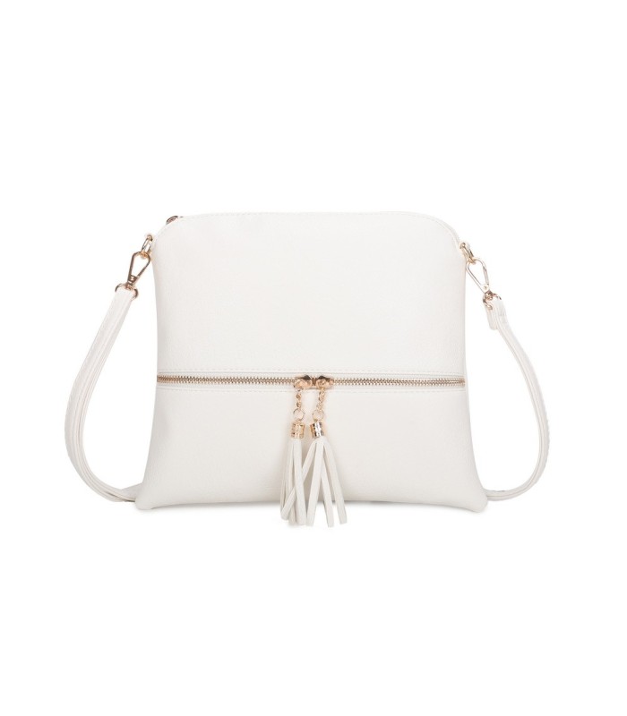 T11803 - Bolso bandolera con borlas decorativas cuadrado y con cierre de cremallera