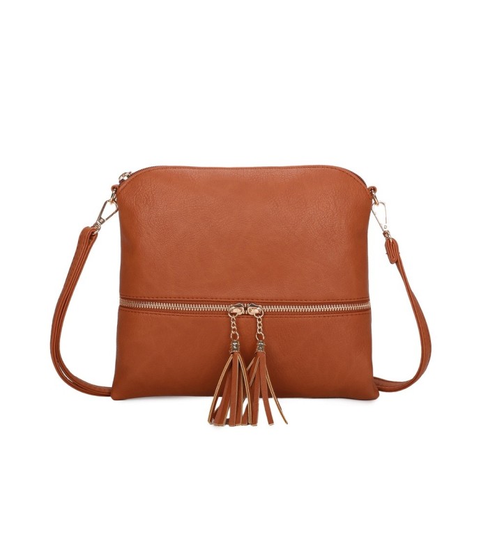 T11803 - Bolso bandolera con borlas decorativas cuadrado y con cierre de cremallera