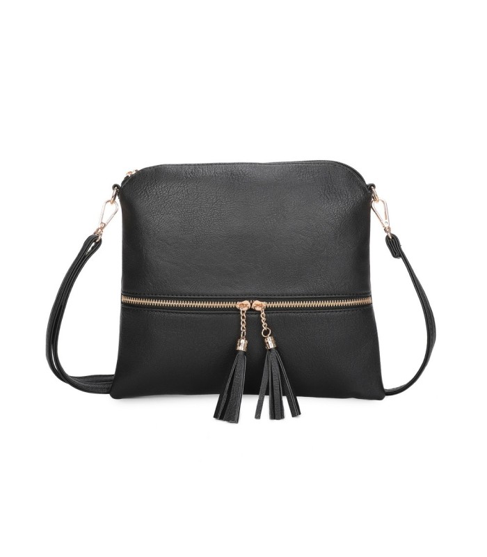 T11803 - Bolso bandolera con borlas decorativas cuadrado y con cierre de cremallera