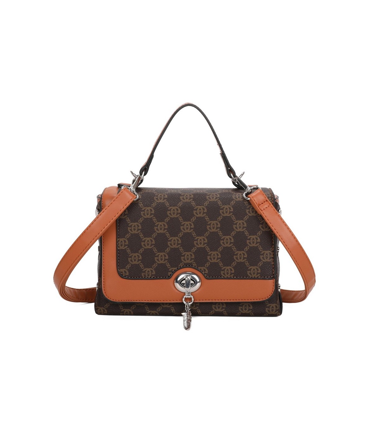 T11788 - Bolso con patrón y bandolera con con adorno de pluma y cierre de pestillo