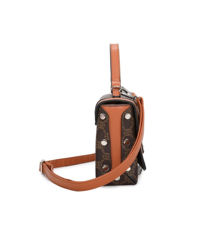 T11788 - Bolso con patrón y bandolera con con adorno de pluma y cierre de pestillo