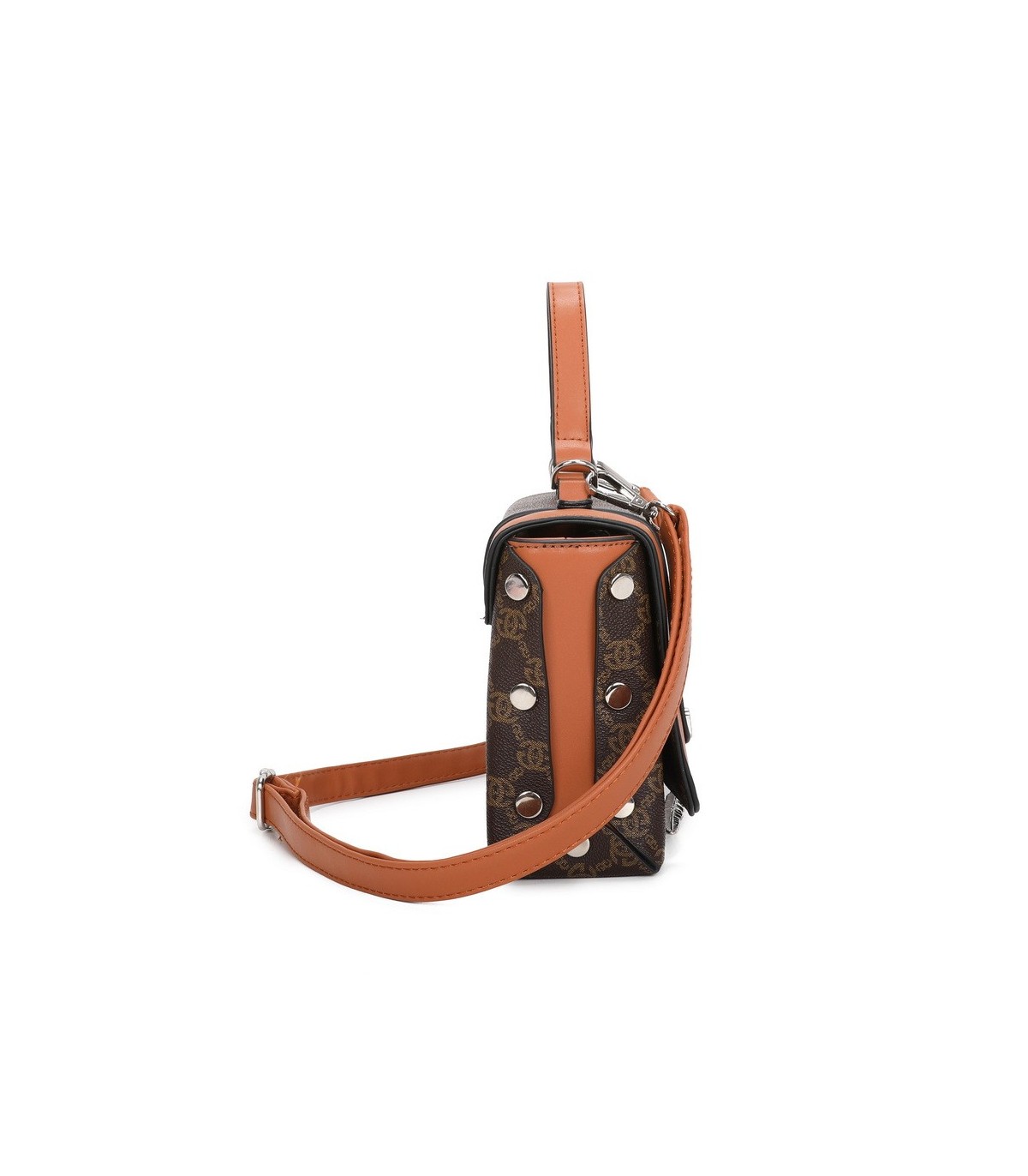 T11788 - Bolso con patrón y bandolera con con adorno de pluma y cierre de pestillo