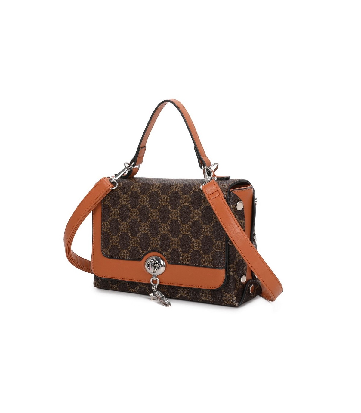 T11788 - Bolso con patrón y bandolera con con adorno de pluma y cierre de pestillo