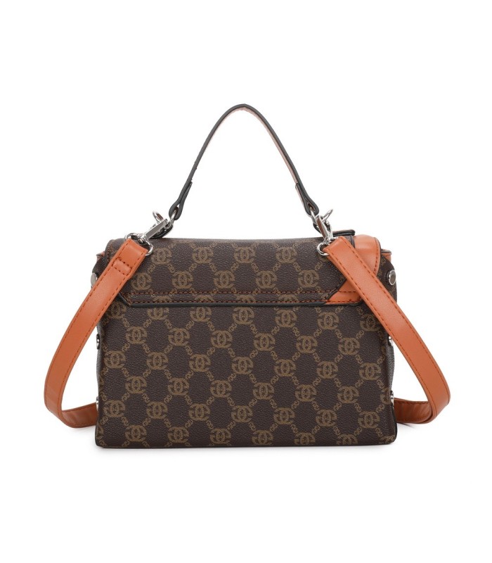 T11788 - Bolso con patrón y bandolera con con adorno de pluma y cierre de pestillo