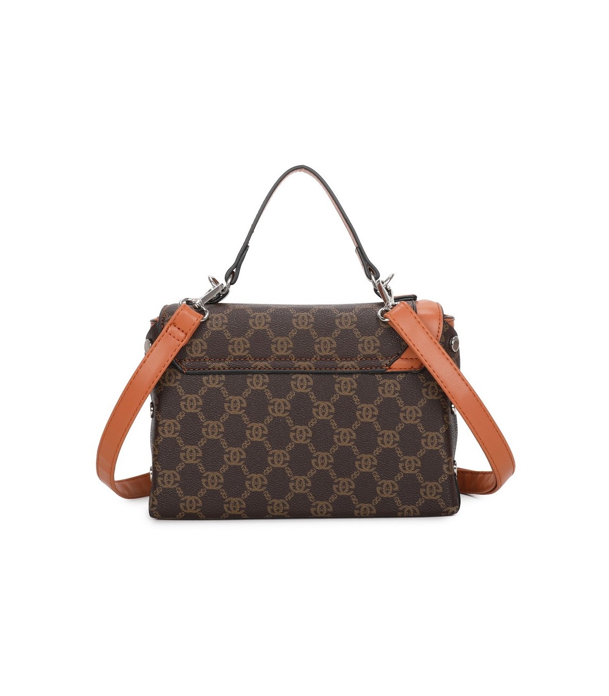 T11788 - Bolso con patrón y bandolera con con adorno de pluma y cierre de pestillo