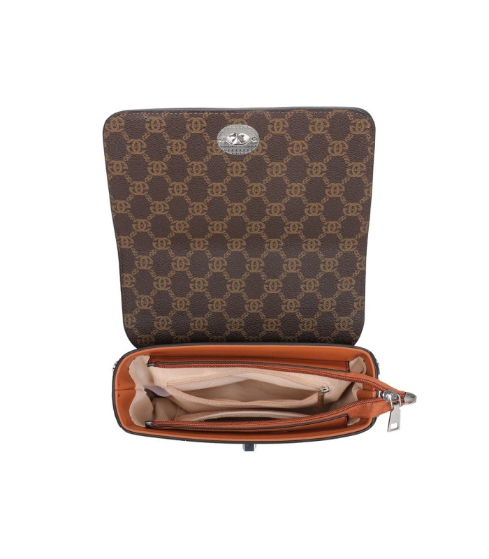 T11788 - Bolso con patrón y bandolera con con adorno de pluma y cierre de pestillo