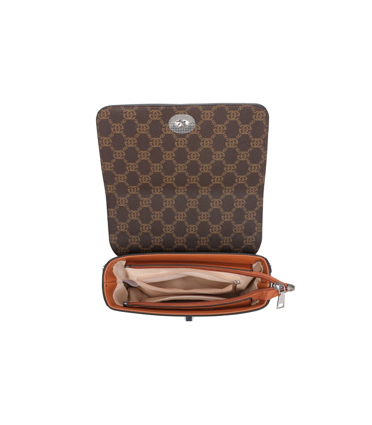T11788 - Bolso con patrón y bandolera con con adorno de pluma y cierre de pestillo
