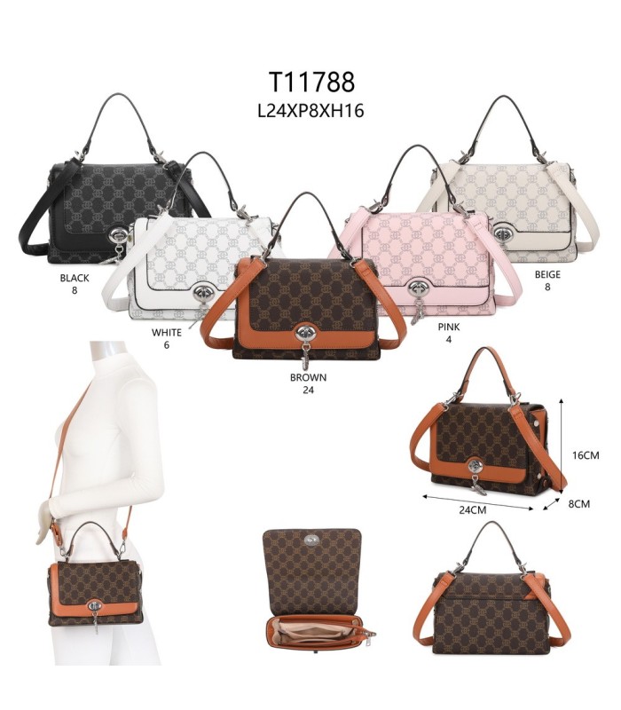 T11788 - Bolso con patrón y bandolera con con adorno de pluma y cierre de pestillo