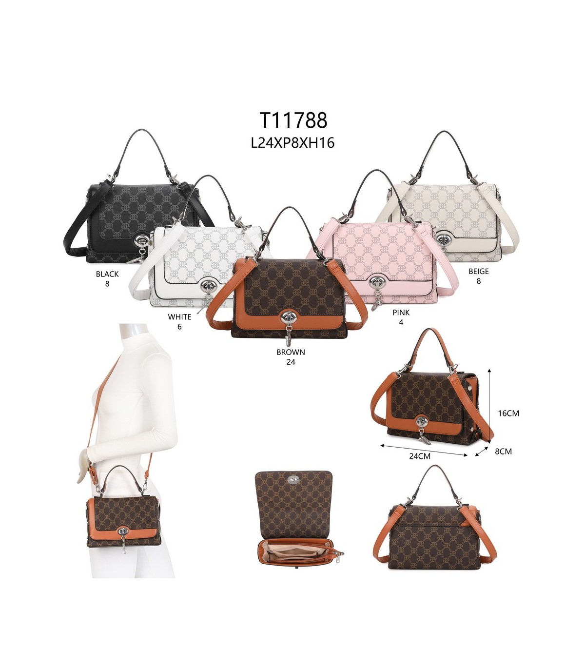 T11788 - Bolso con patrón y bandolera con con adorno de pluma y cierre de pestillo