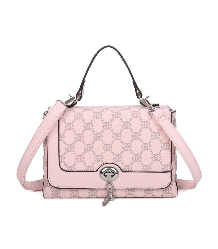 T11788 - Bolso con patrón y bandolera con con adorno de pluma y cierre de pestillo