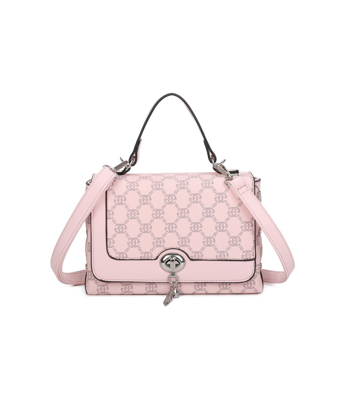 T11788 - Bolso con patrón y bandolera con con adorno de pluma y cierre de pestillo