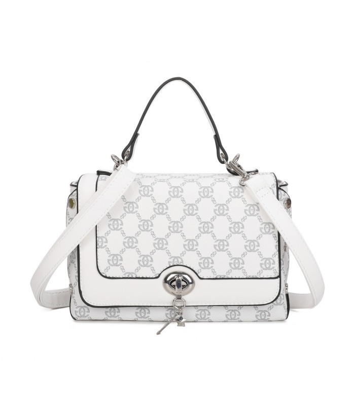 T11788 - Bolso con patrón y bandolera con con adorno de pluma y cierre de pestillo