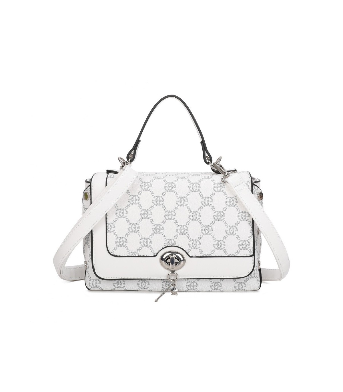 T11788 - Bolso con patrón y bandolera con con adorno de pluma y cierre de pestillo