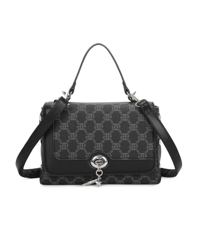 T11788 - Bolso con patrón y bandolera con con adorno de pluma y cierre de pestillo