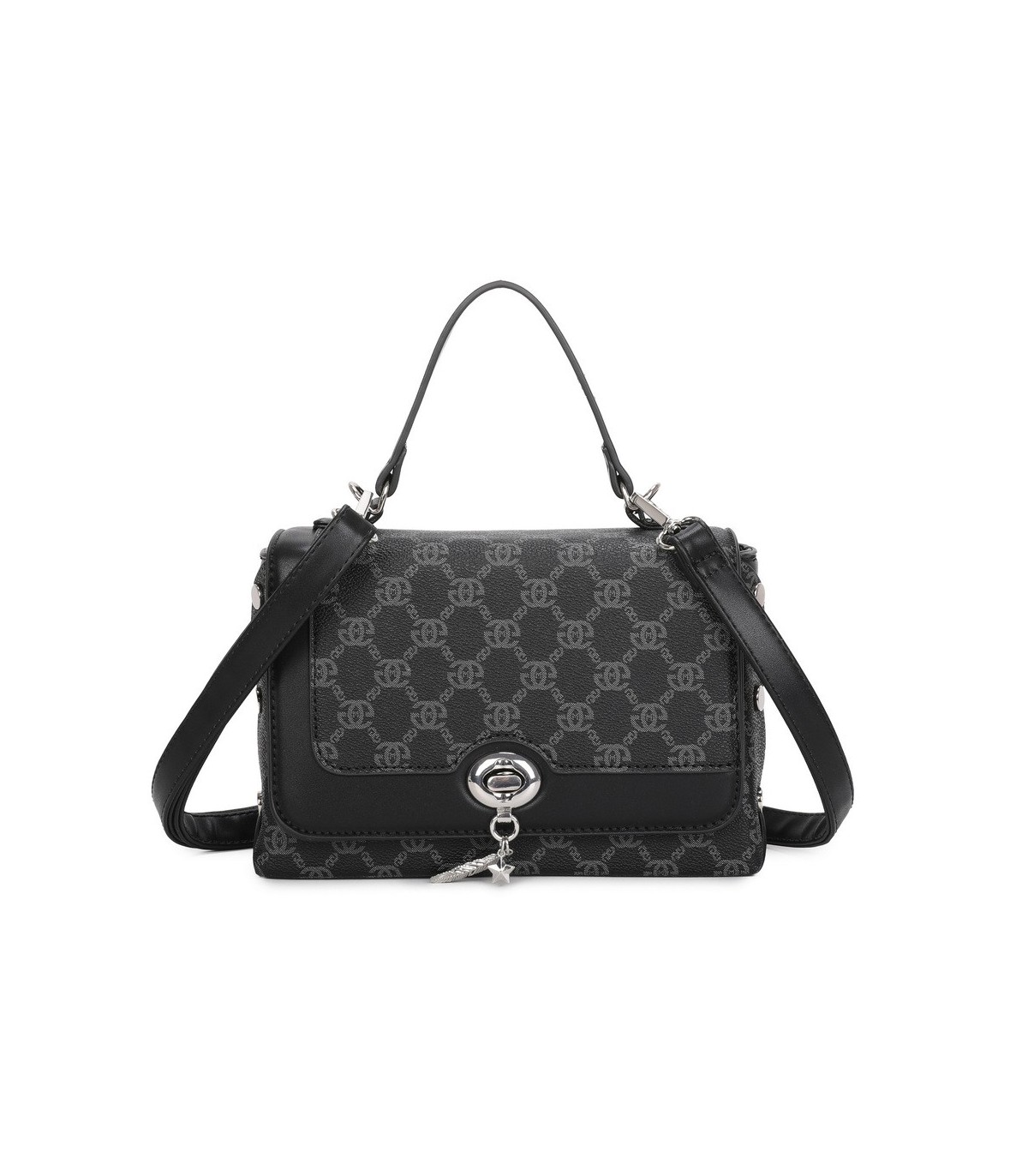 T11788 - Bolso con patrón y bandolera con con adorno de pluma y cierre de pestillo