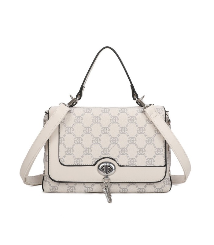 T11788 - Bolso con patrón y bandolera con con adorno de pluma y cierre de pestillo