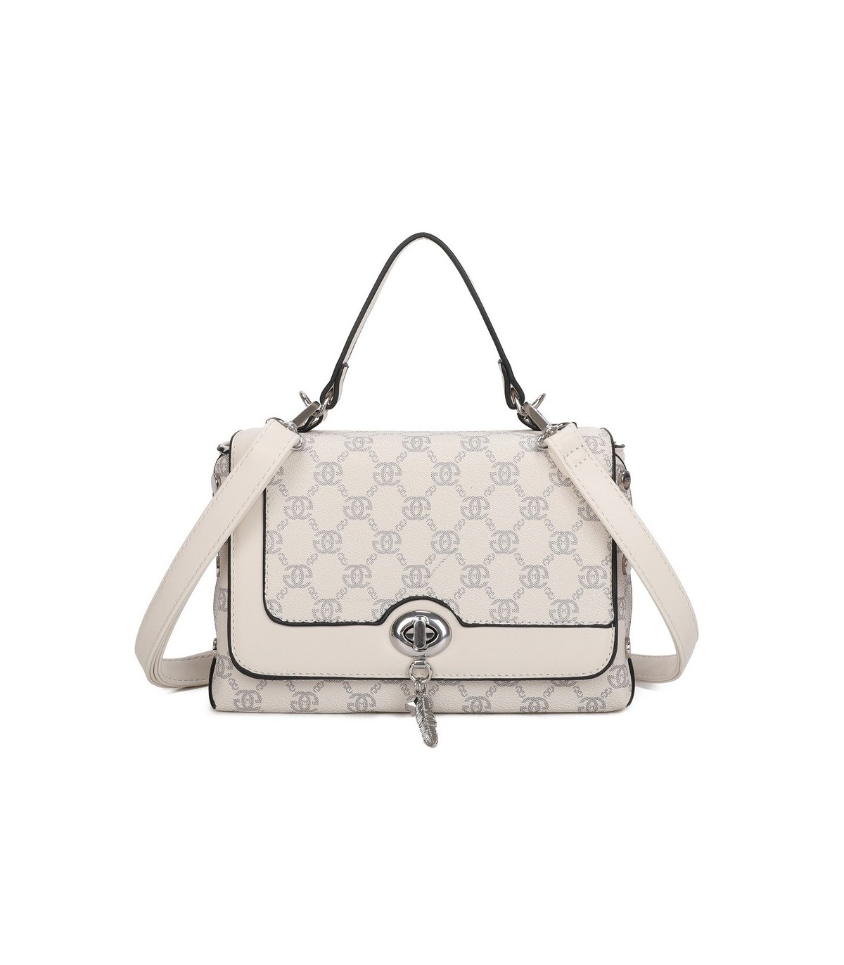 T11788 - Bolso con patrón y bandolera con con adorno de pluma y cierre de pestillo