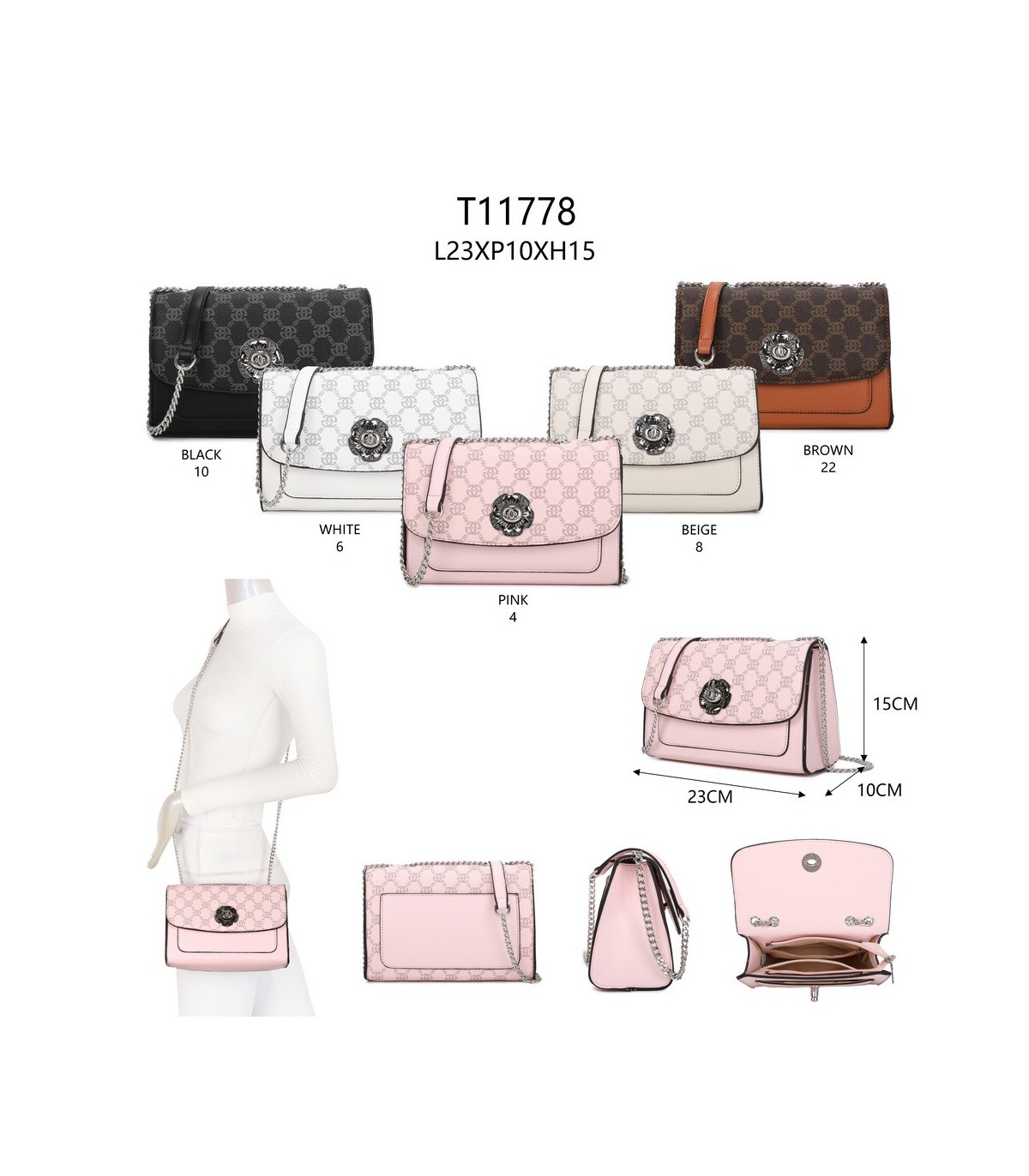 T11778 - Bolso bandolera rectangular pequeño con patrón y cierre de pestillo