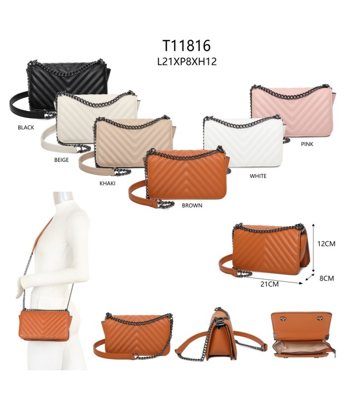 T11816 - Bolso de cadena oscura con cierre imantado y textura rayada