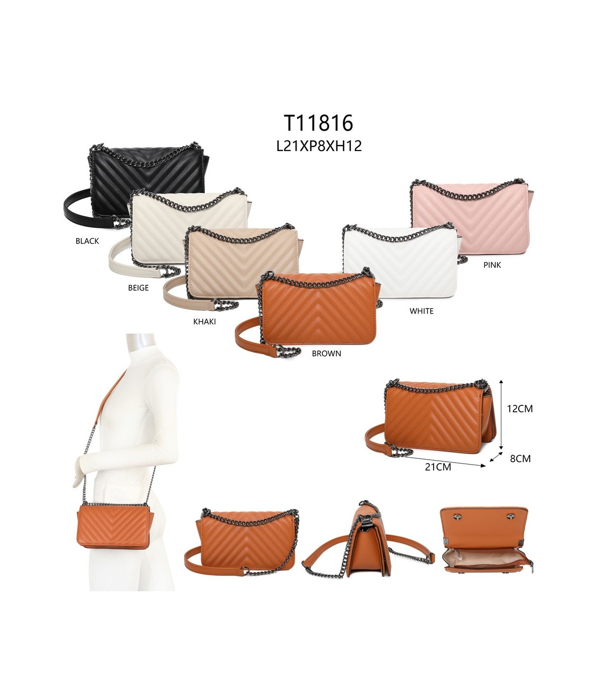 T11816 - Bolso de cadena oscura con cierre imantado y textura rayada