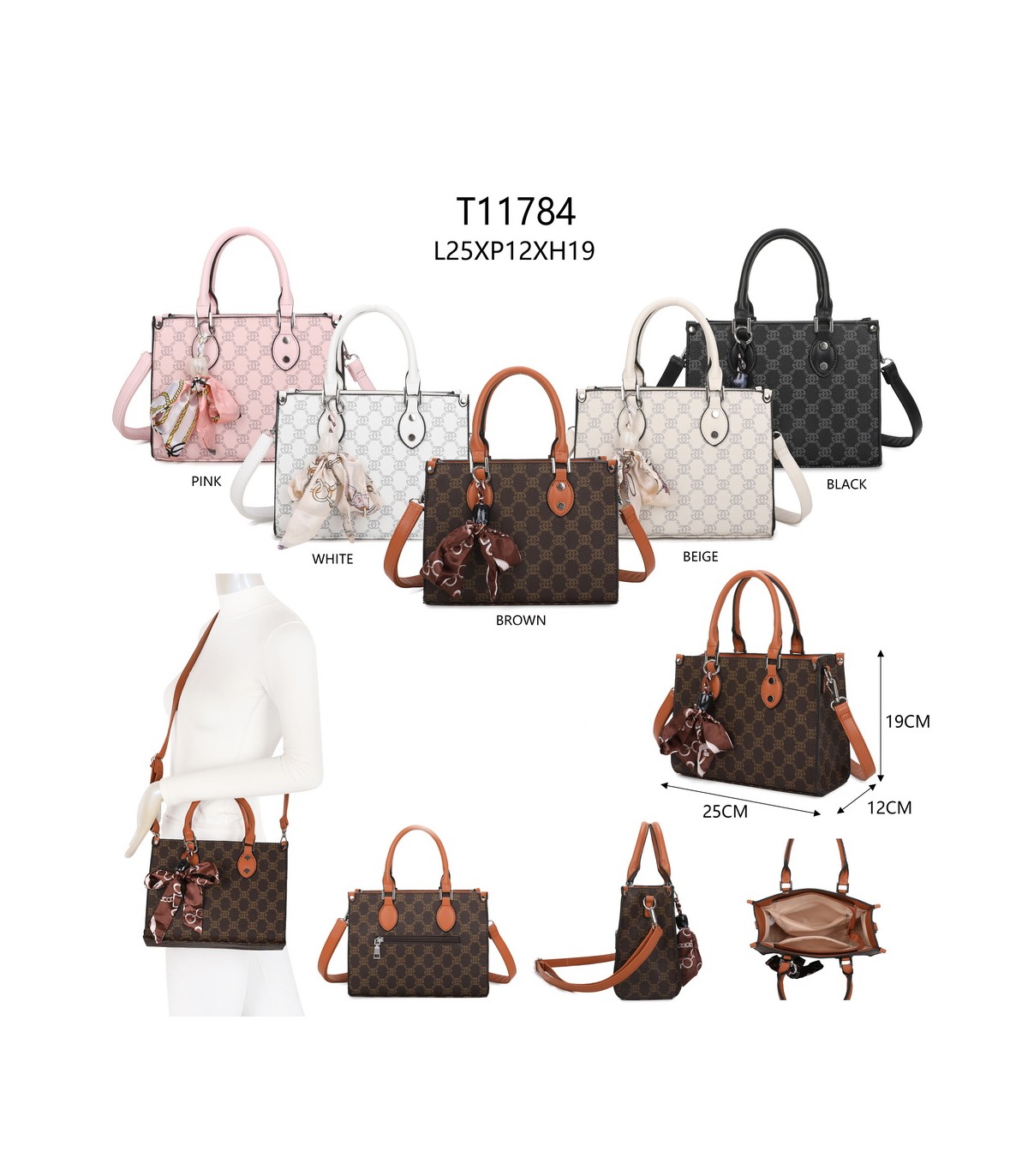 T11784 - Bolso con bandolera de mano y adorno de pañuelo