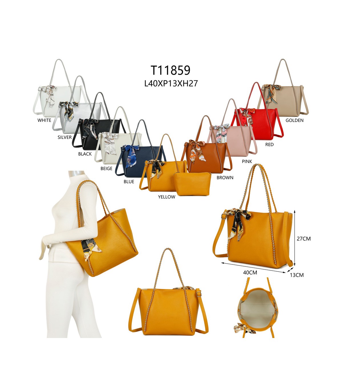 T11859 - Bolso con pañuelo y neceser amplio compartimento