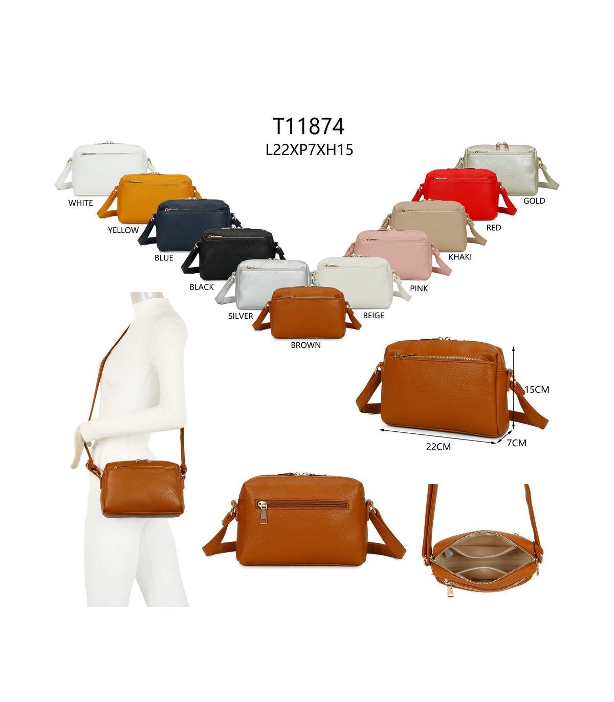 T11874 - Bolso bandolera rectangular múltiples colores y bolsillos trasero y frontal