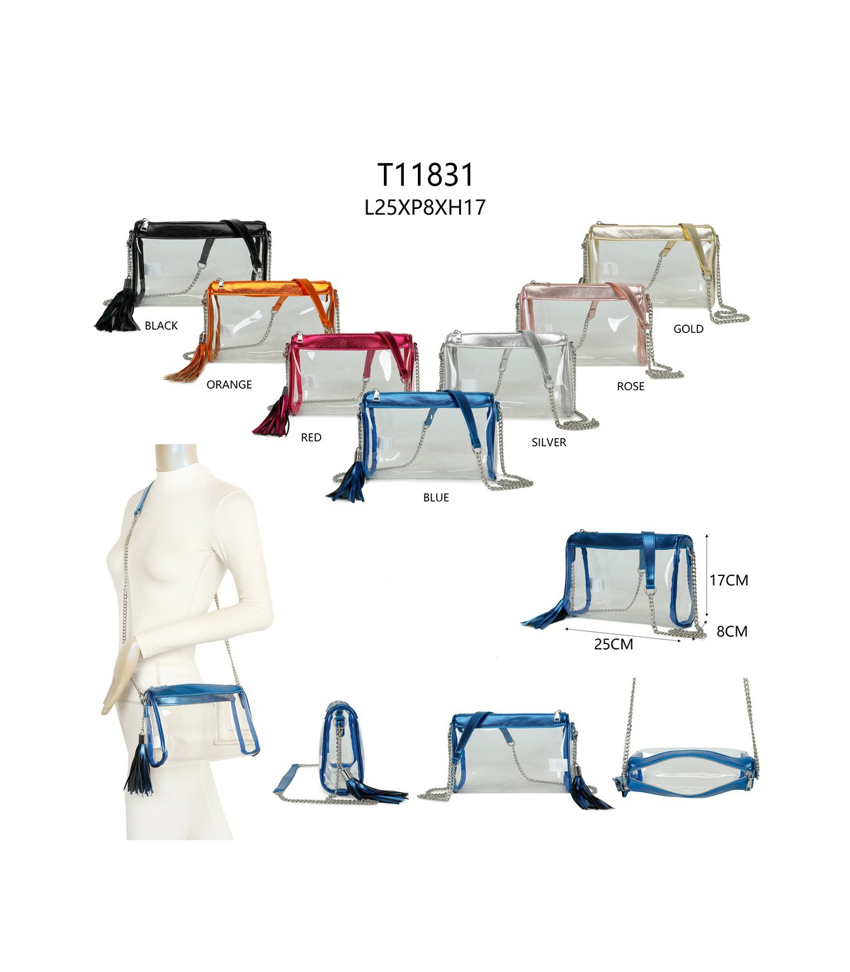T11831 - Bolso transparente con borla y bandolera